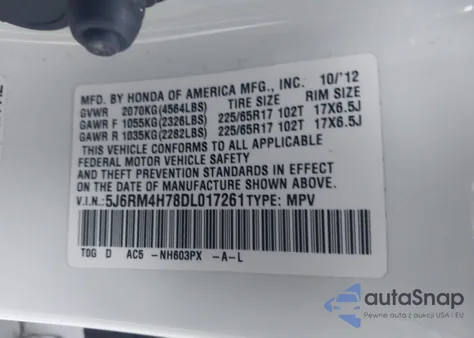 2013 Honda Cr-V Ex-L z USA, uszkodzony, nr VIN 5J6RM4H78DL017261